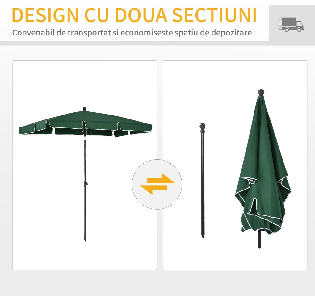 Outsunny Umbrelă pentru Grădină Dreptunghiulară, cu Inclinare Reglabilă și Stâlp din Aluminiu, 2x2.4m, Verde/Negru | Aosom Romania