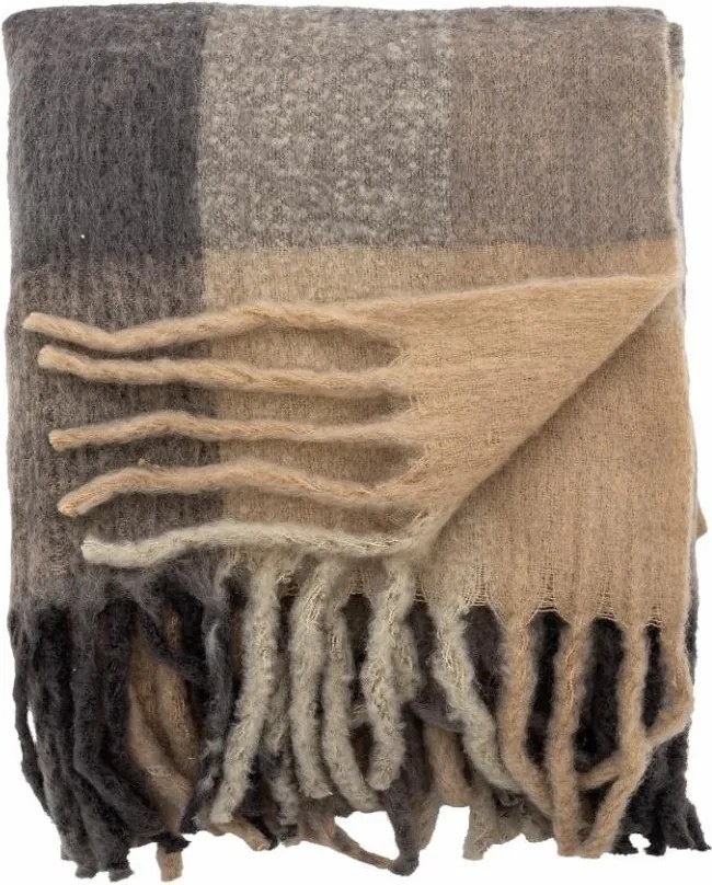 Patura din bumbac, multicolor, benzi late în natur, gri și maro pe ambele fețe, franjuri lungi, certificat OEKO-TEX, finisaj țesut, 152 x 127 cm,