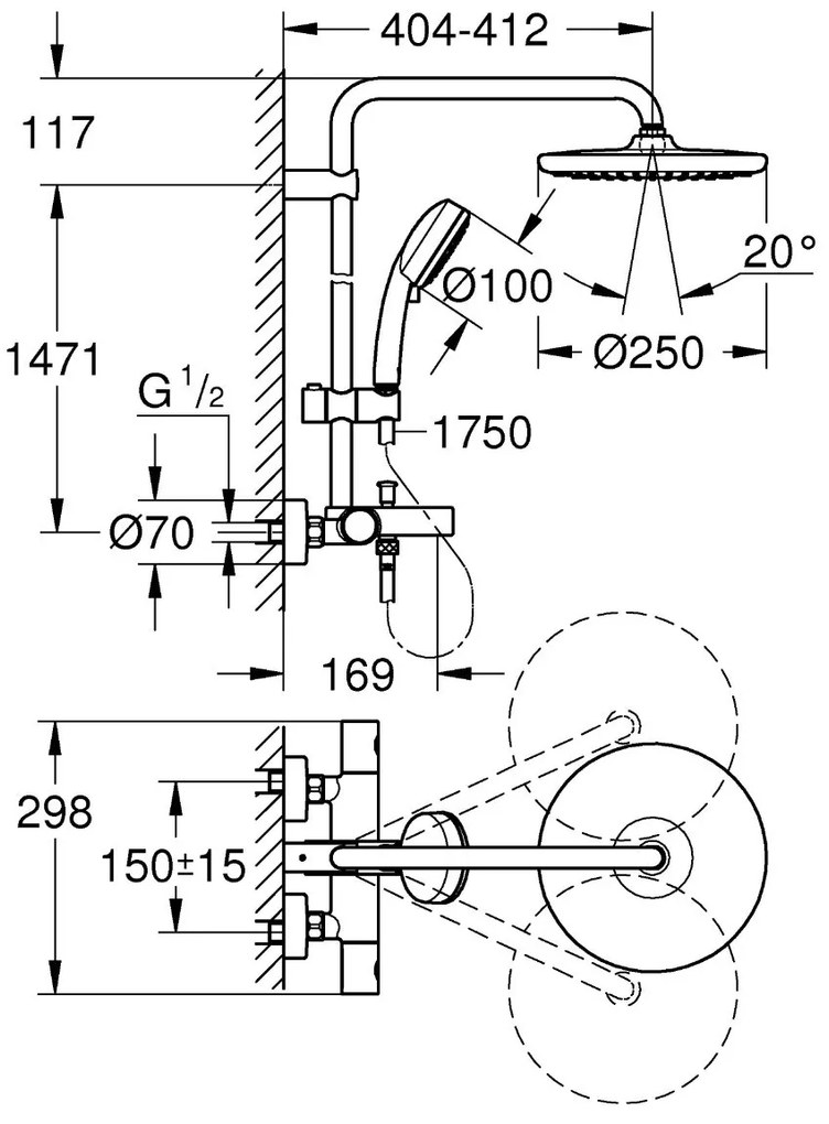 Sistem de cada Grohe Tempesta Cosmopolitan 250, 1/2'', aparent, termostat, 2 jeturi, crom - 26672000