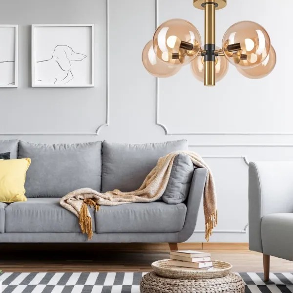 Lustră pe tijă ROLLO 5xE14/5W/230V auriu/bej fumuriu