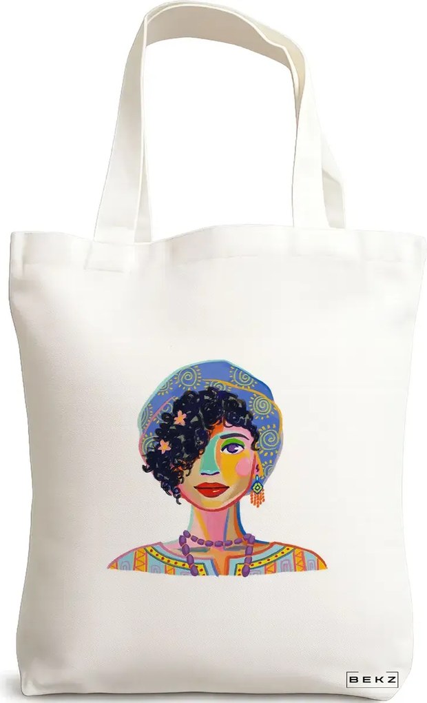 Sacosa de Panza pentru Cumparaturi, Geanta Tote, model Portret Vibrant 5, 38x34.5 cm, Alba, BEKZ®