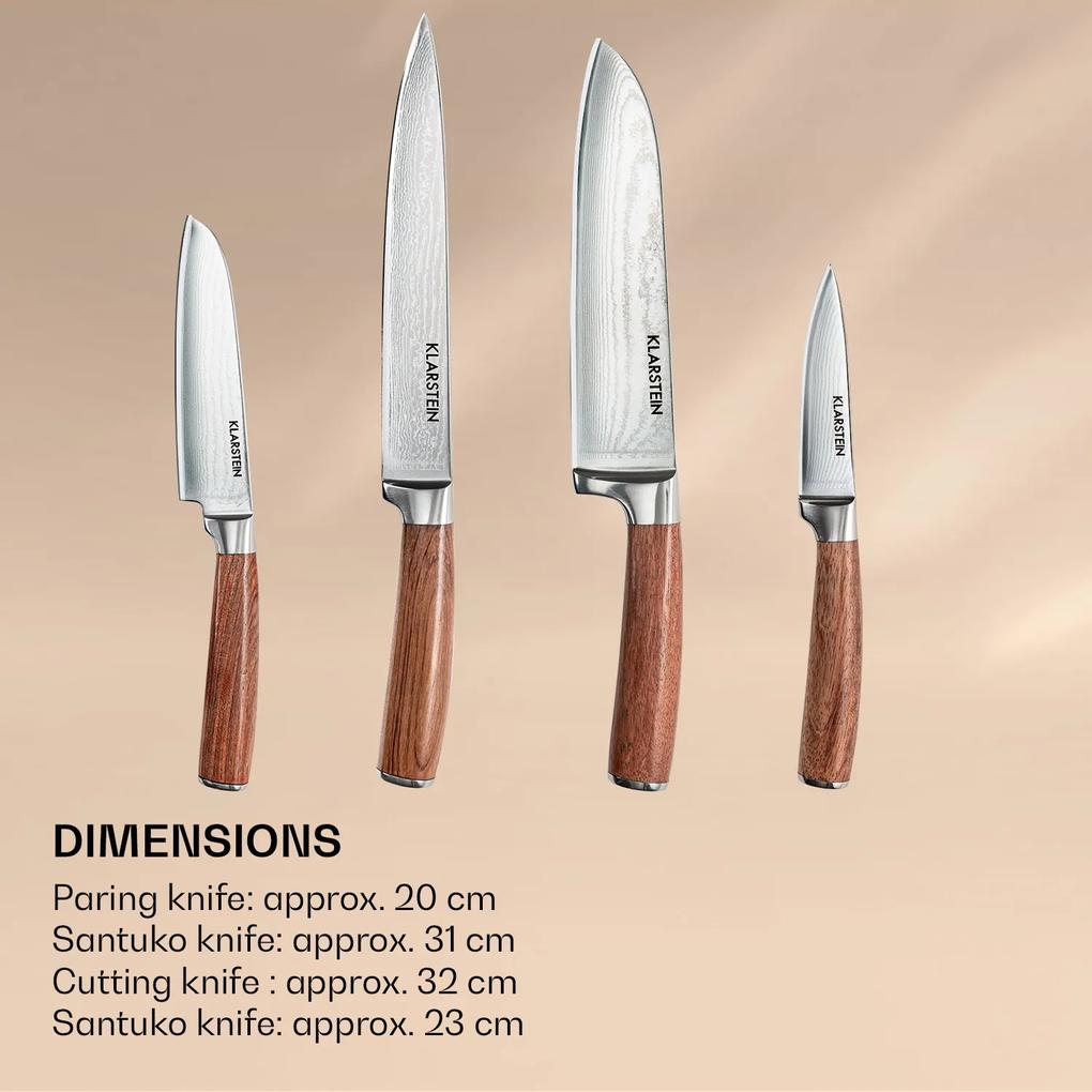 Kaito, set de cuțite damasc, 4 bucăți, foarte ascuțite, mânere din lemn de trandafir