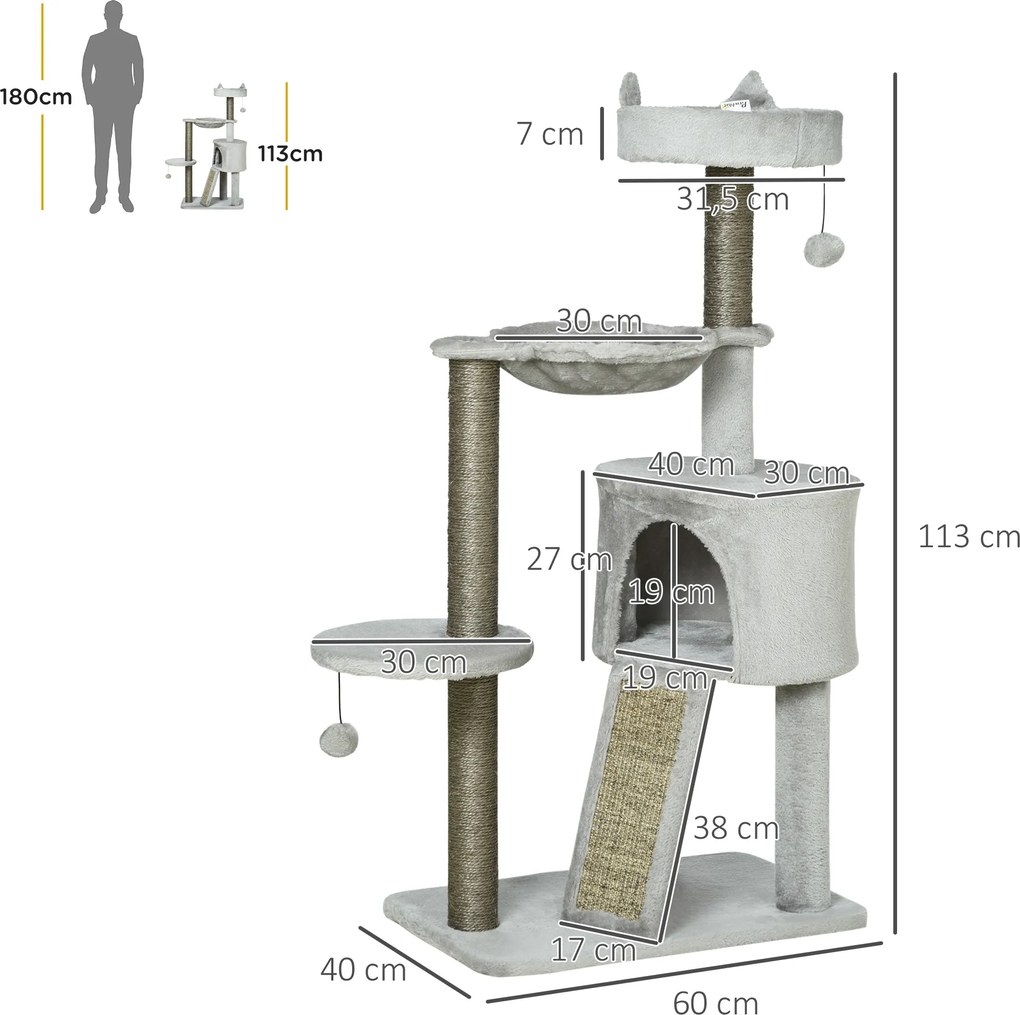 Pawhut zgârietor incl. căsuță pentru pisici, pat pentru pisici, hamac și jucărie 60 cm x 40 cm x 113 cm, Gri deschis | Aosom Romania