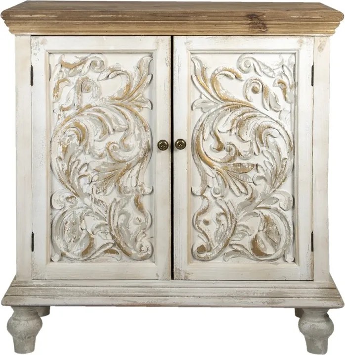 Comodă cu 2 uși, vintage, shabby chic, din lemn, alb, cu blat natur, raft interior și decor sculptat, 100 x 91 x 38 cm, „Fleur de Lys”