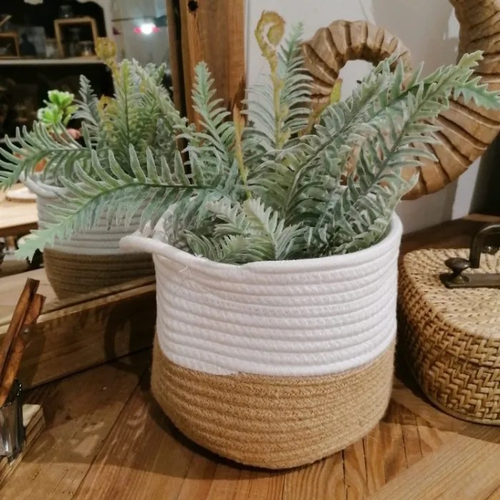 Cos textil Boho, alb cu maro, 23x18 cm