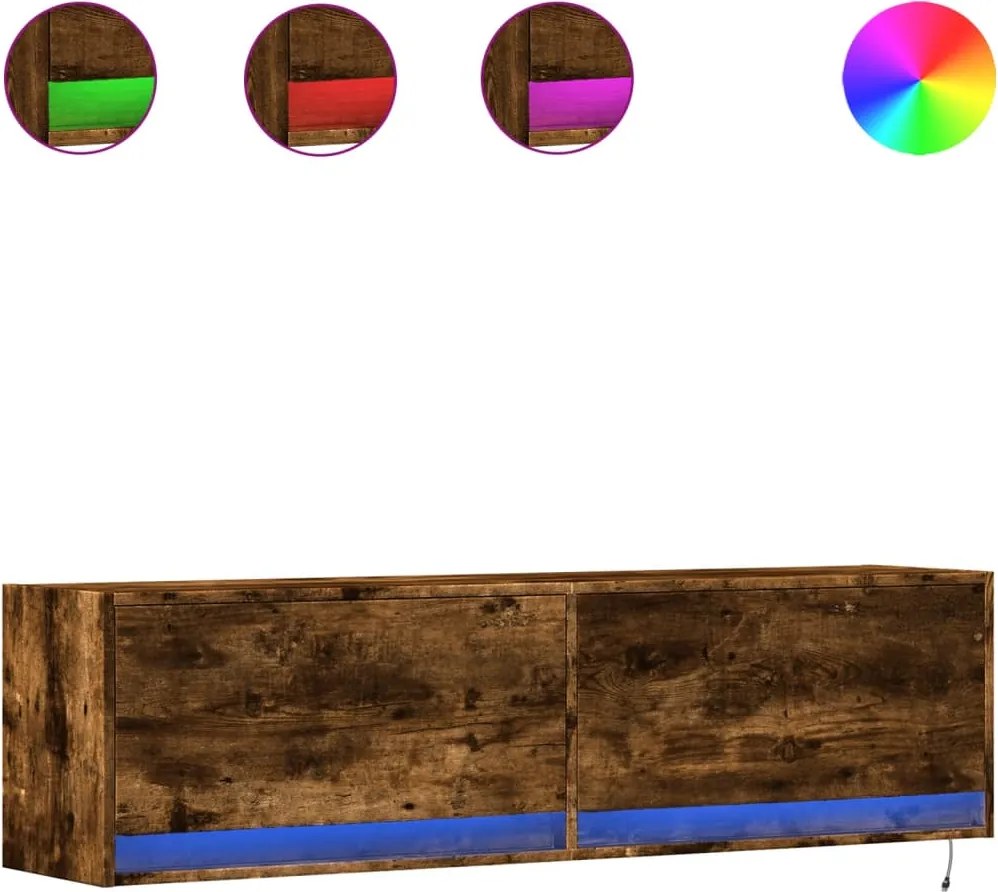 vidaXL Comodă TV de perete cu lumini LED, stejar fumuriu, 140x31x38 cm