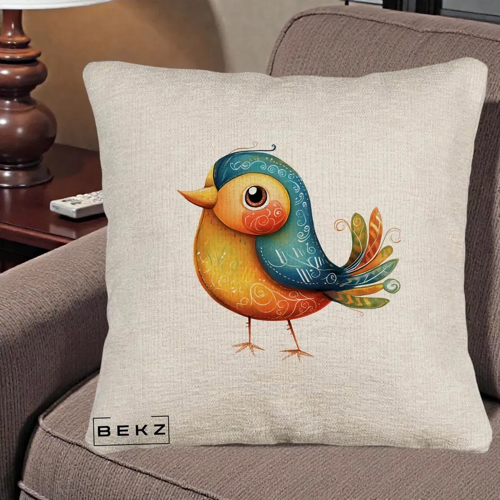 Perna Decorativa Pasare Folk Art Portocalie-Teal, 40x40 cm, Bej Canapea, Husa Detasabila, Perna Inclusa, BEKZ®