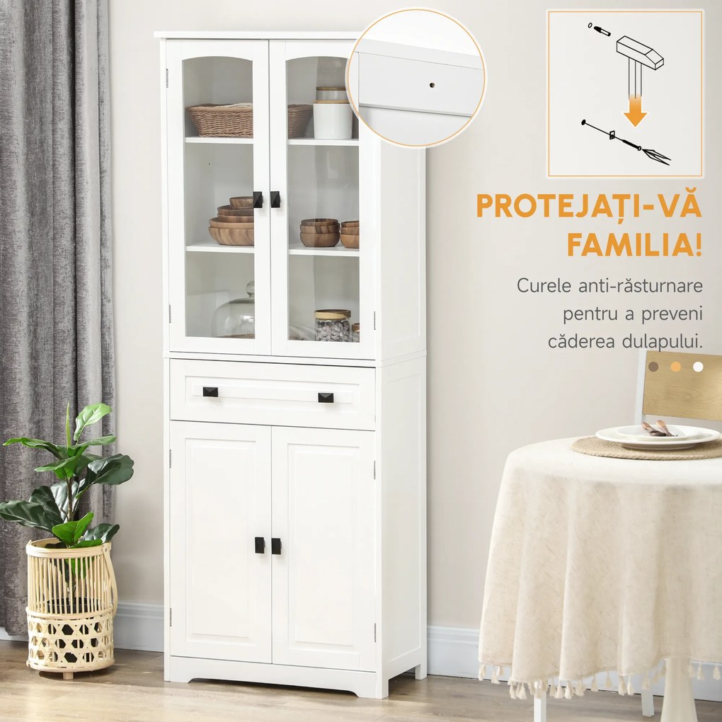 HOMCOM Bufet de Bucătărie cu 2 Dulapuri și Sertar, Mobilier de Bucătărie cu Uși și Rafturi Reglabile, 60x30x160 cm, Alb | Aosom Romania