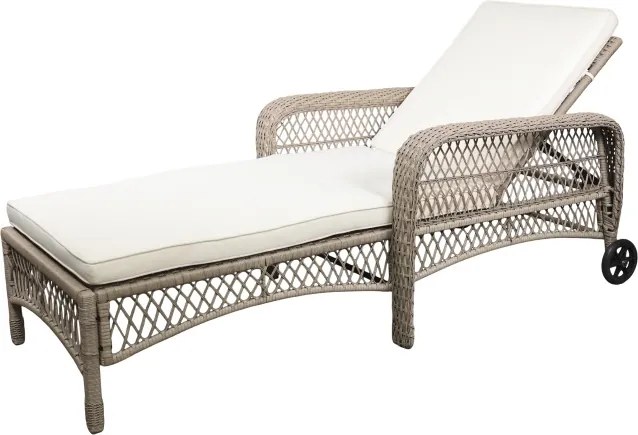 Șezlong de exterior reglabil cu roți și pernă din rattan sintetic pentru grădină și terasă, stil boho chic, „Riviera”