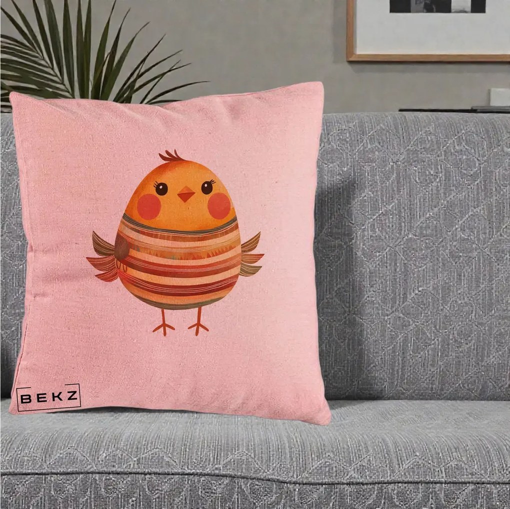 Perna Decorativa Pui Kawaii Portocaliu Dungi Calde, 40x40 cm, Roz, Husa Detasabila, Perna Inclusa, BEKZ®