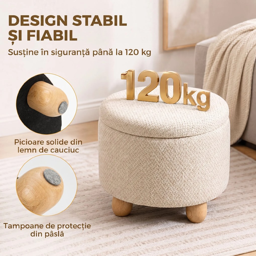 HOMCOM Taburet Rotund cu Spațiu de Depozitare, Capac, 19 L, Material Textil cu Aspect de Iută, 38,5x38,5x33,5 cm, Bej | Aosom Romania