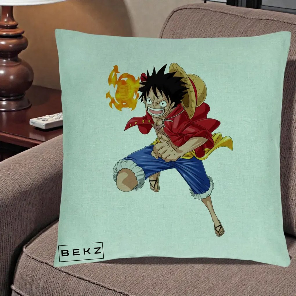 Perna Personalizata One Piece Luffy Gear Second Foc, 40x40 cm, Verde Menta, Husa Detasabila, Perna Inclusa, BEKZ®