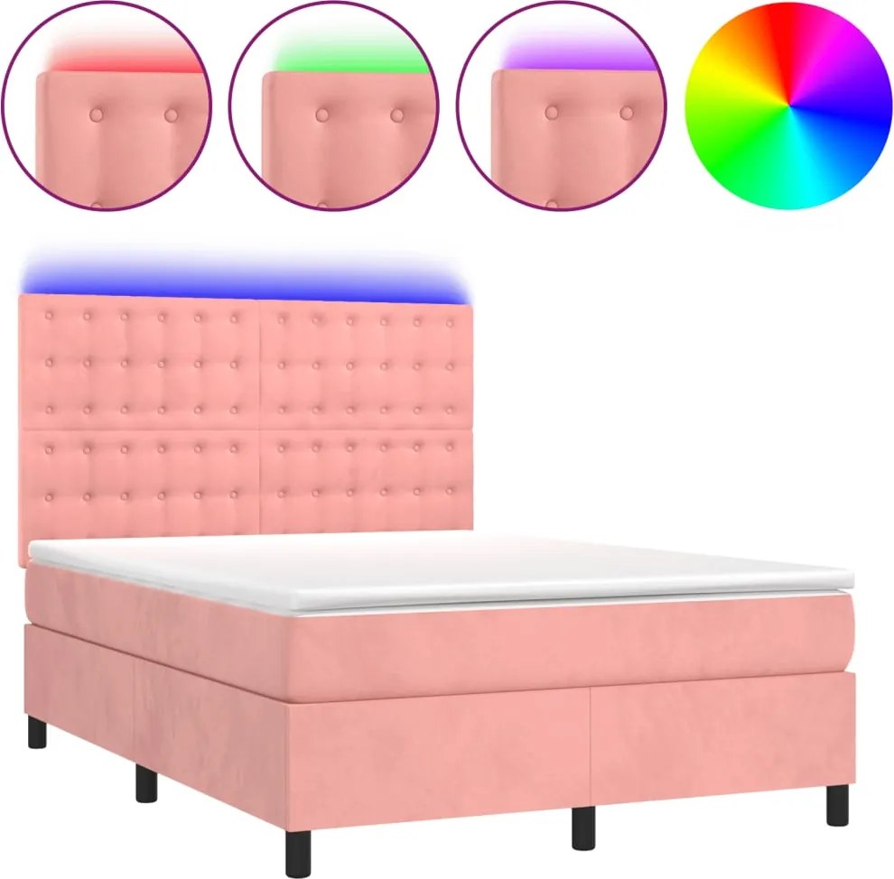 vidaXL Pat cu arcuri, cu saltea și LED, roz, 140x190 cm catifea