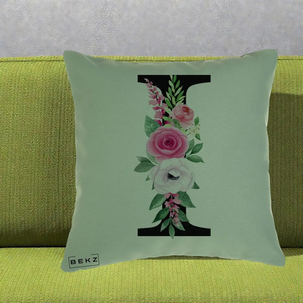 Cadou Personalizat - Perna Personalizata Monograma Florala Litera I, 40x40 cm, Verde, Husa Detasabila, Perna Inclusa, BEKZ®