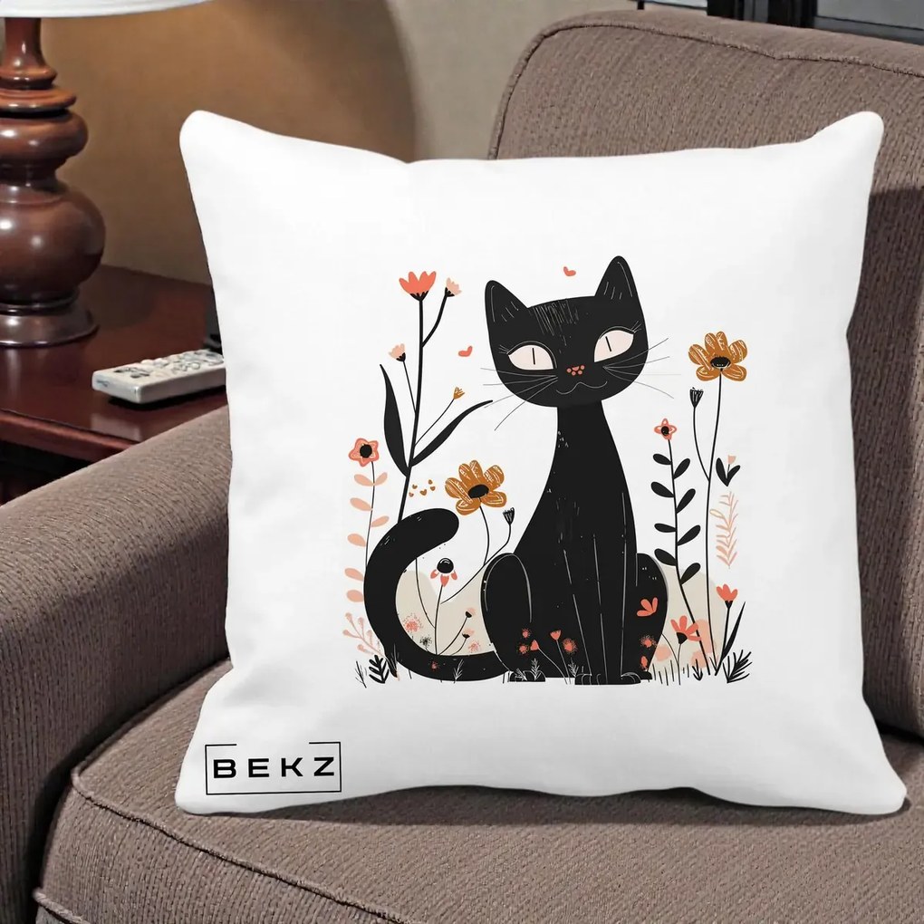 Perna Decorativa Pisica Neagra Flori Pastel Folk, 40x40 cm, Alba Mata, Husa Detasabila, Perna Inclusa, BEKZ®