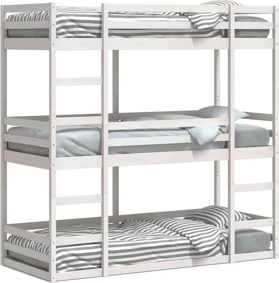 vidaXL Pat supraetajat triplu, alb, 90x200 cm, lemn masiv de pin