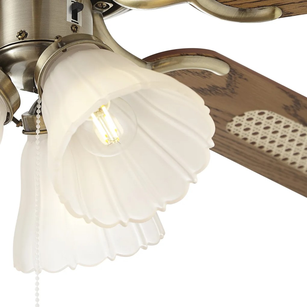 Ventilator de tavan din alamă cu imprimeu de lemn și ratan 108cm cu comutator cu lanț - Mistral Lia