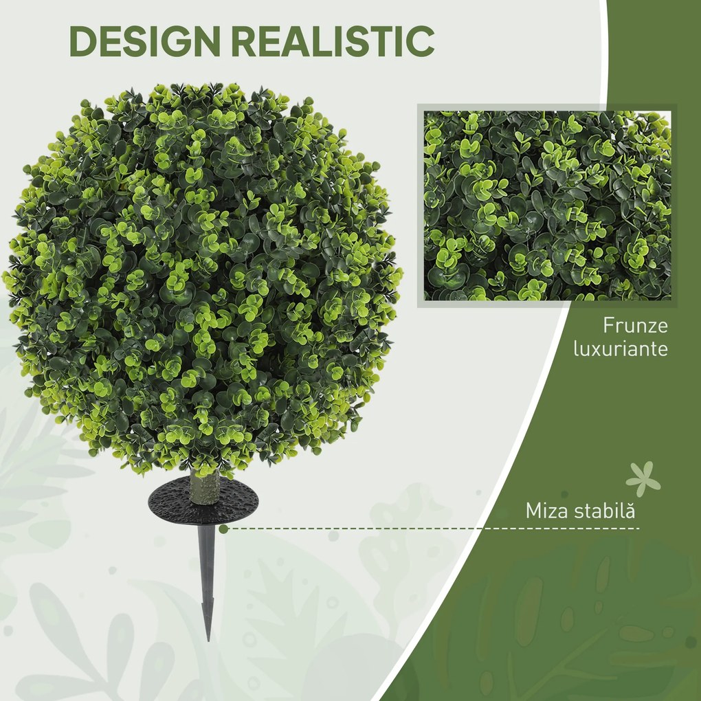 HOMCOM Set 2 Plante Artificiale de Buxus de 40 cm cu Tija Integrată pentru Interior și Exterior, Verde | Aosom Romania