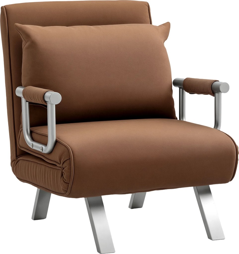 HOMCOM Fotoliu Pat Individual 2 în 1 Canapea Pat Pliabil cu Spătar Reglabil și Pernă pentru Living Dormitor 65x69x80 cm Maro | Aosom Romania