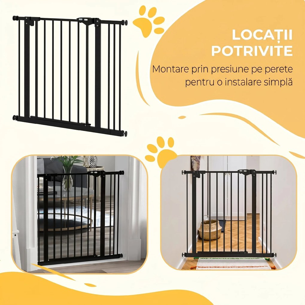 PawHut Poartă de Siguranță pentru Câini cu 2 Extensii, Lățime Reglabilă și Închidere Automată, 74-87x77 cm, Negru | Aosom Romania