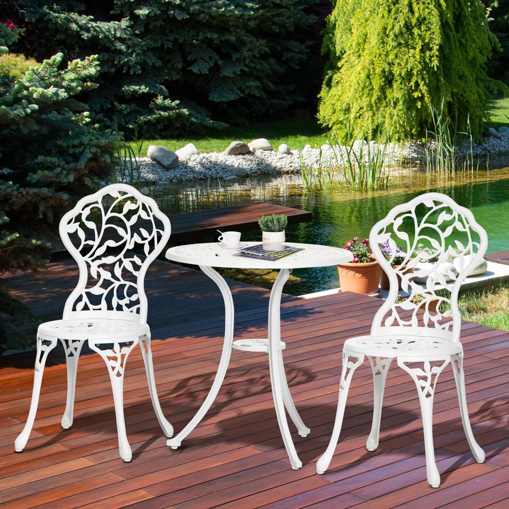 Outsunny Set pentru gradina 3 bucati din aluminiu alb cu design floral, 2 scaune pentru exterior 45x42x85.5 cm si masa rotunda Ø61x66.5 cm | AOSOM RO