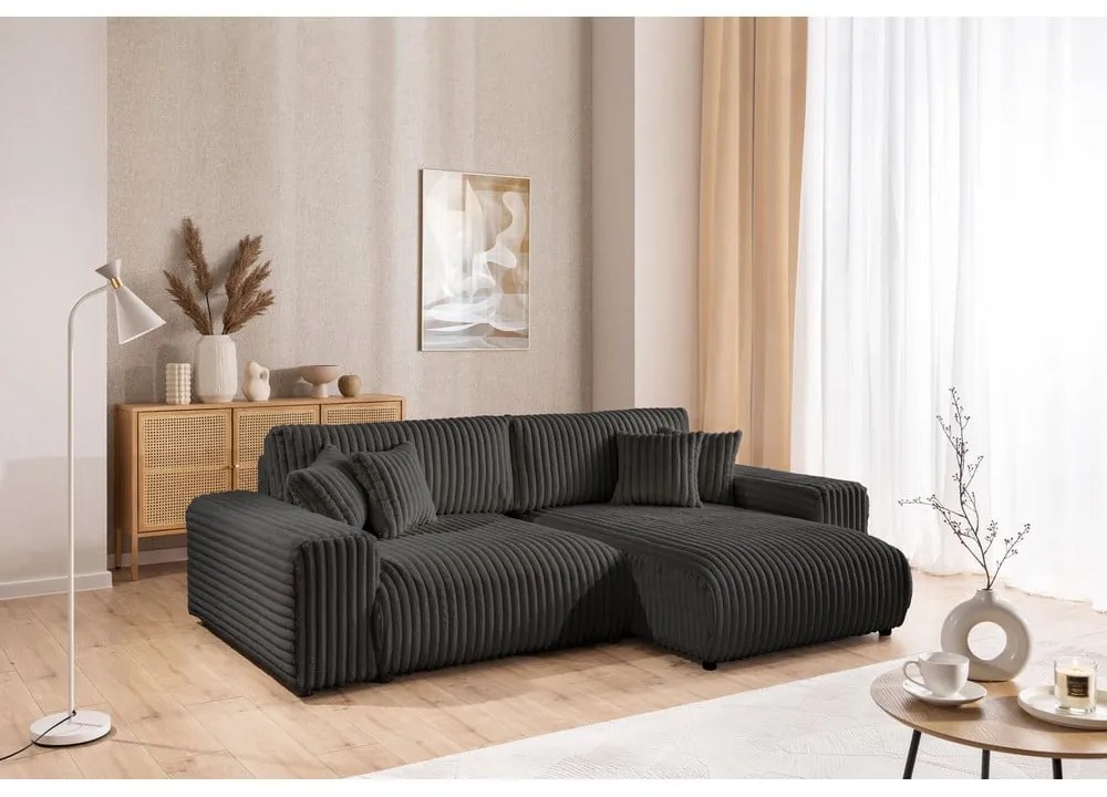 Colțar gri închis extensibil, cu spațiu de depozitare, cu tapițerie din catifea reiată (cu colț pe partea dreaptă) Sarina – Ropez