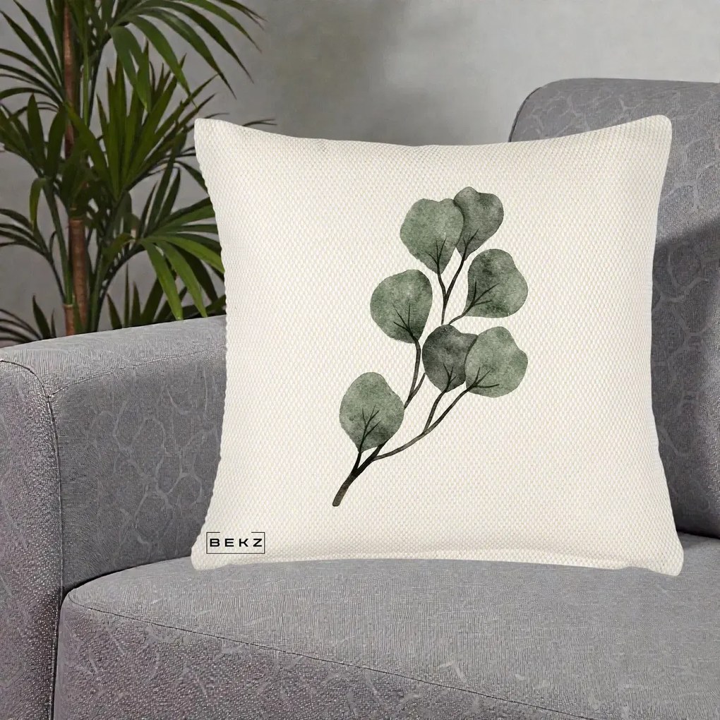 Perna Decorativa Ramura Eucalipt Acuarela, 40x40 cm, Crem Reliefat, Husa Detasabila, Perna Inclusa, BEKZ®