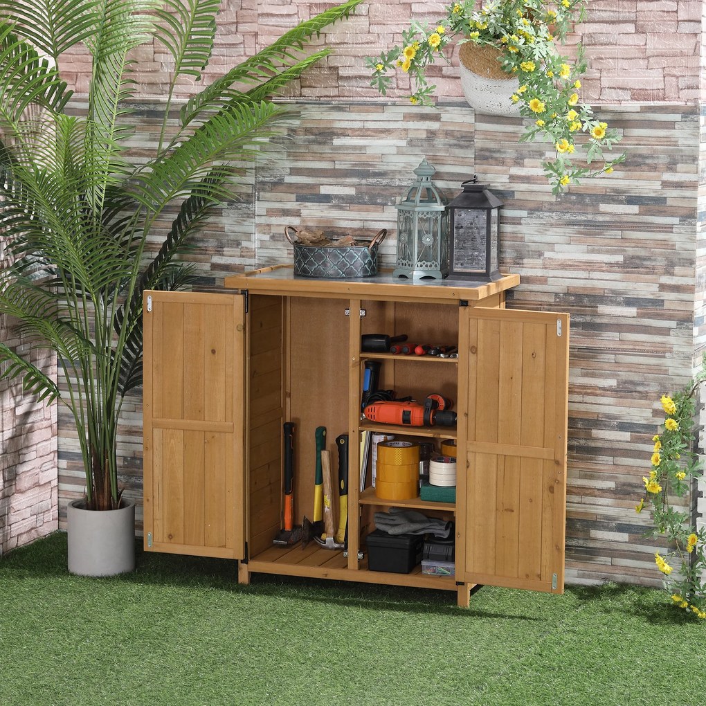 Outsunny Căsuță de Grădină pentru Unelte cu 2 Uși, 4 Rafturi și Bază Ridicată, 75x40x90 cm, Natural | Aosom Romania