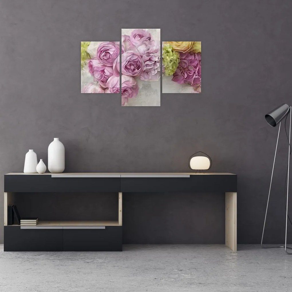 Tablou - Flori pe perete culorile pastel (90x60 cm)