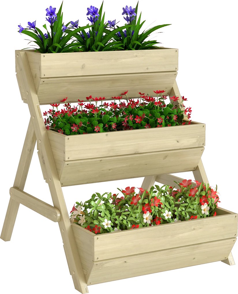 Outsunny Pat vertical cu 3 etaje din lemn, jardiniere 3 compartimente cu orificii de scurgere Verde | Aosom Romania