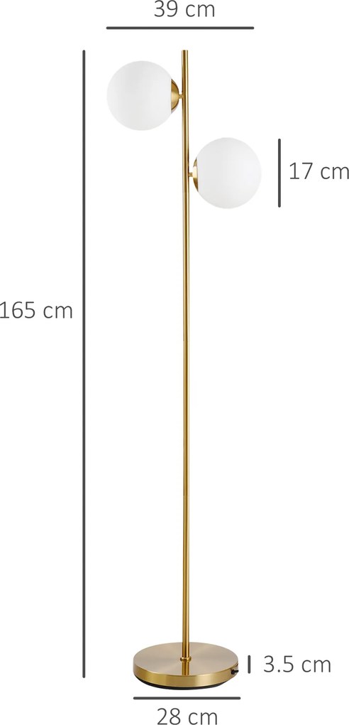 HOMCOM Lampă de Podea cu 2 Lumini și Abajururi Sferice, Lampă de Podea cu Comutator de Picior, Soclu E27, 39x28x165 cm, Aur | Aosom Romania