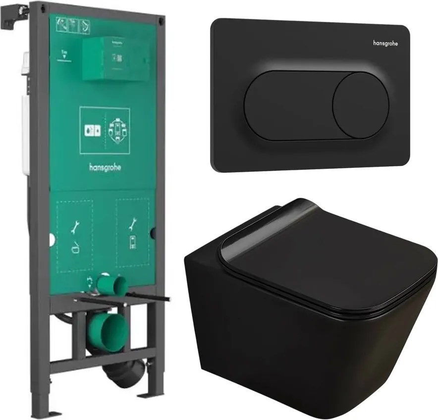 Set rezervor WC cu cadru incastrat Hansgrohe iFrame 112 cm si clapeta de actionare iFrame Original S negru mat plus vas WC Rune Jord cu capac softclose