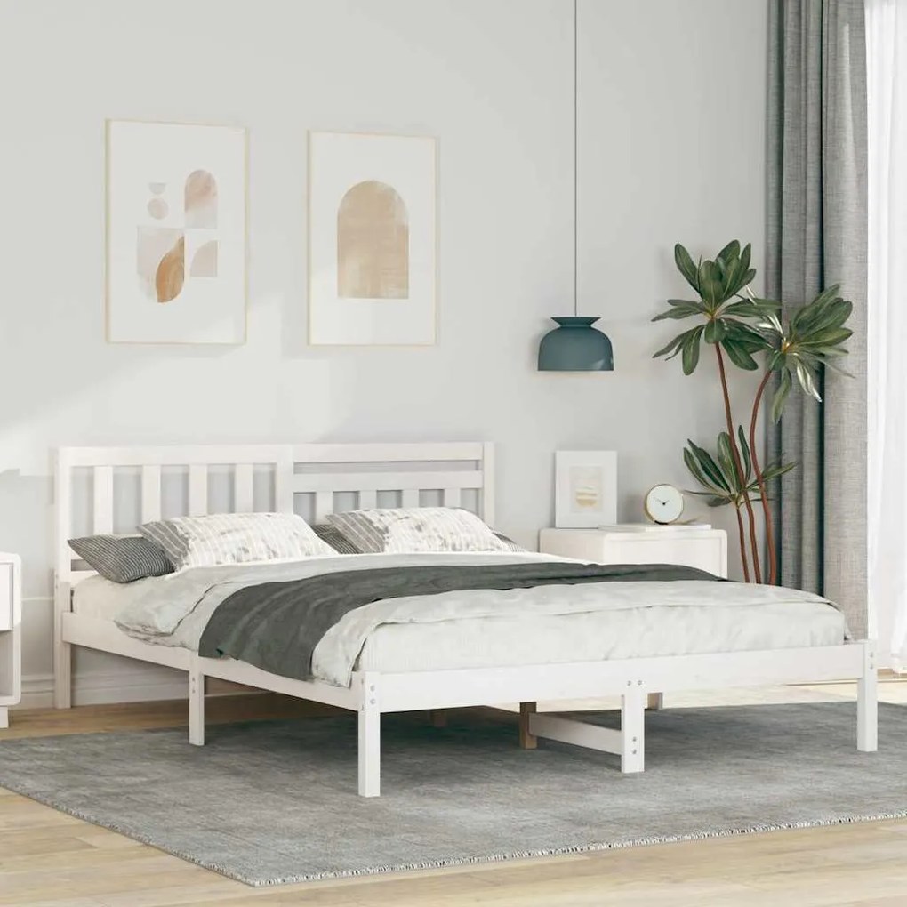 vidaXL Cadru de pat cu headboard Alb 150 x 200 cm Lemn de pin masiv
