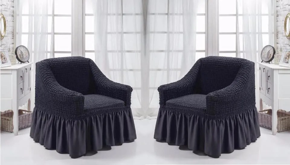 Set 2 huse elastice si creponate pentru fotolii, cu volanas, culoare Cenusiu