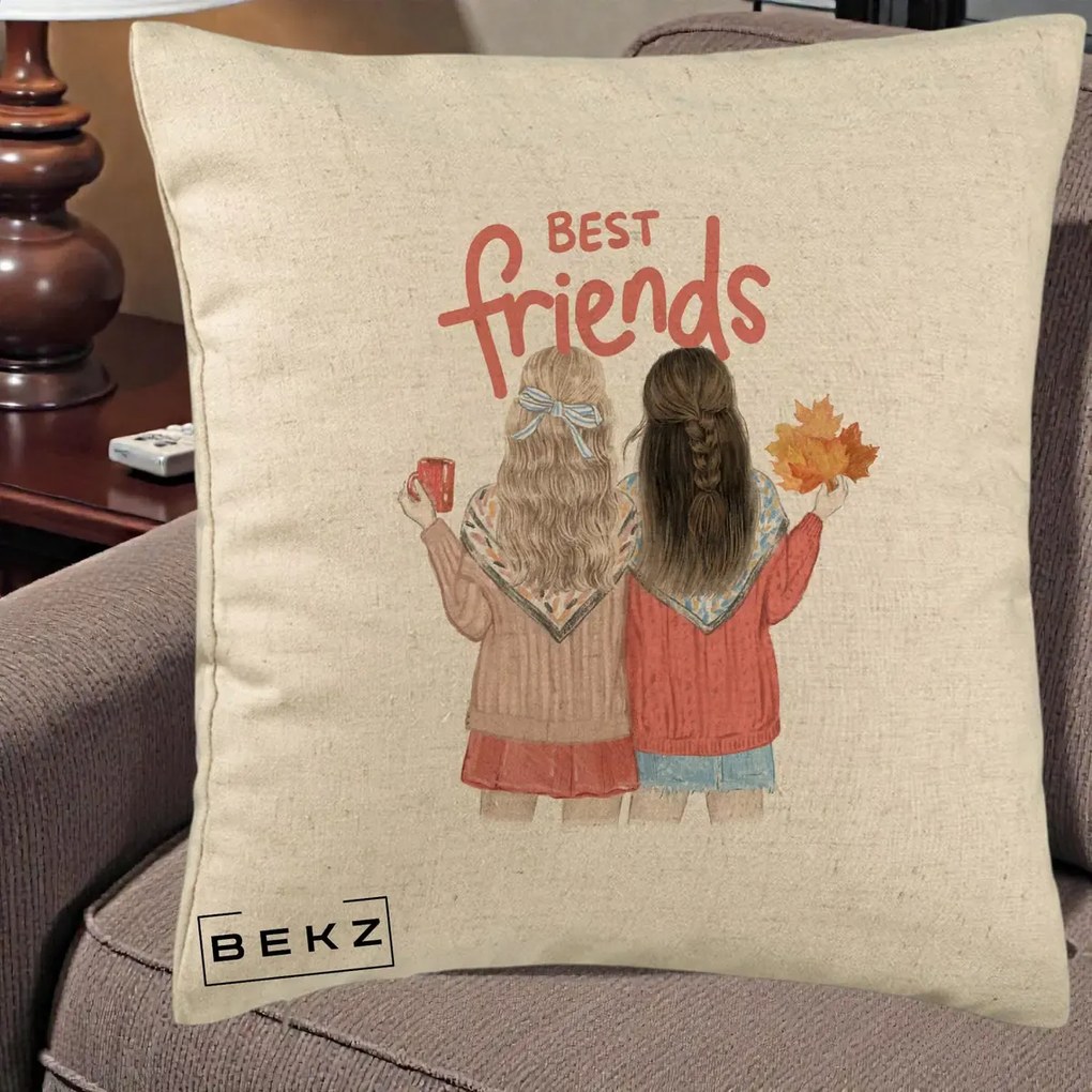 Cadou pentru Prieteni - Perna Personalizata Best Friends Toamna, 40x40 cm, Bej, Husa Detasabila, Perna Inclusa, BEKZ®