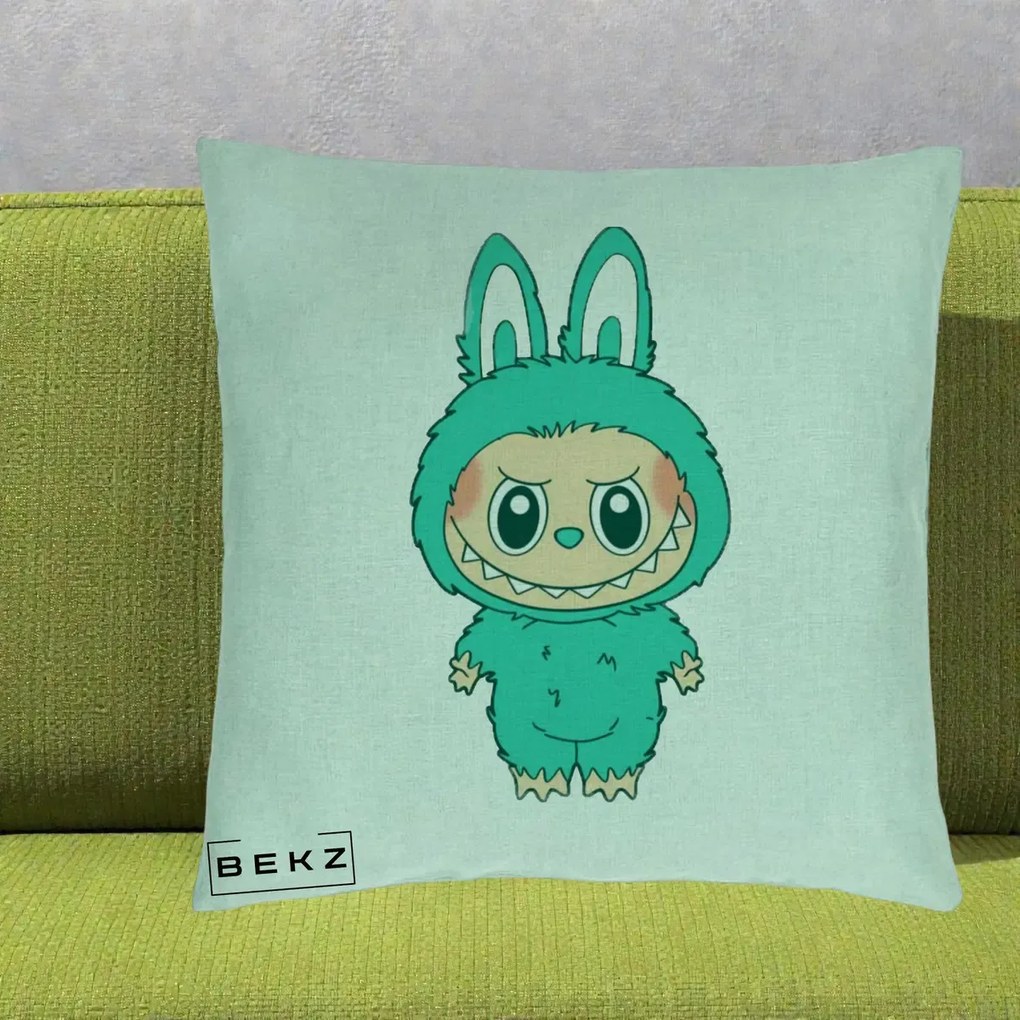 Perna Personalizata Labubu Turcoaz, 40x40 cm, Verde Menta, Husa Detasabila, Perna Inclusa, BEKZ®