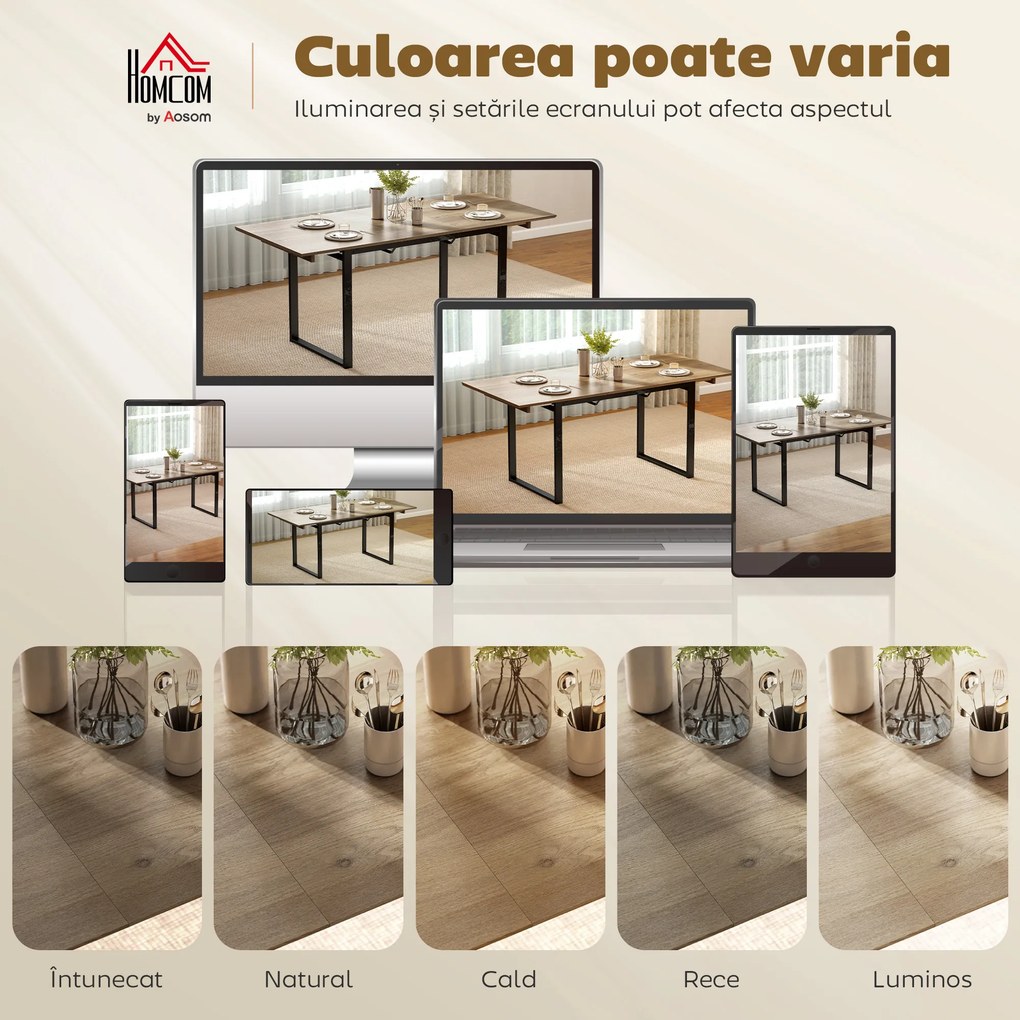 HOMCOM Masă de Luat Masa Extensibilă pentru 6-8 Persoane cu Panouri Detașabile, 140-180cm Masă Rectangulară Extensibilă cu Bază din Oțel, Stil Industrial, pentru Sufragerie, Culoare Lemn | Aosom Romania