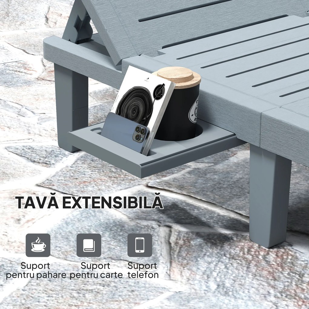 Outsunny Set de 2 șezlonguri, scaun lung cu tăvi retractabile, înclinabil, suprafață cu efect de lemn 62 x 158 x 88 cm, gri | Aosom Romania