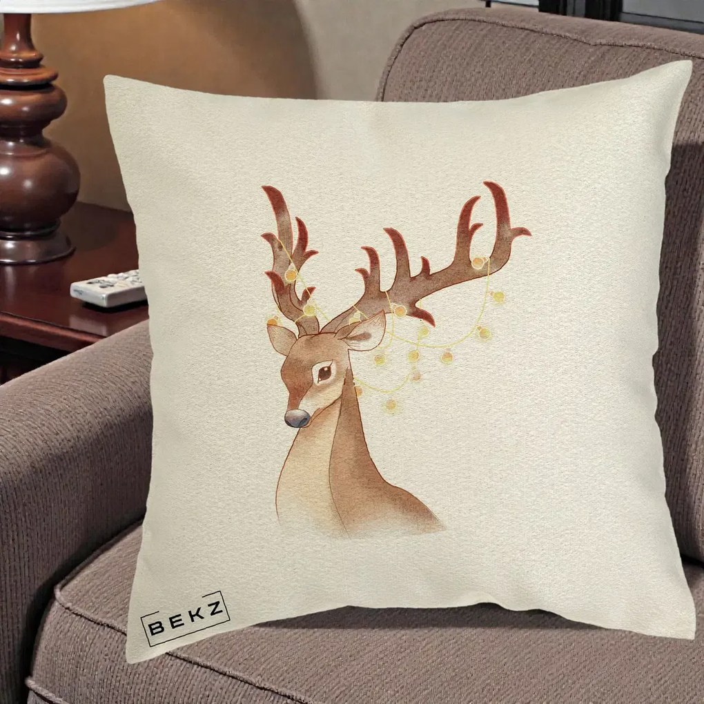 Perna Decorativa Ren cu Luminite de Craciun, 40x40 cm, Ecru, Husa Detasabila, Perna Inclusa, BEKZ®