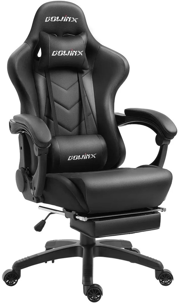 DOWINX Scaun gaming, ergonomic, suport lombar cu masaj, spătar rabatabil, tetieră, suport pentru picioare, rezistent 150 kg, piele PU, Negru