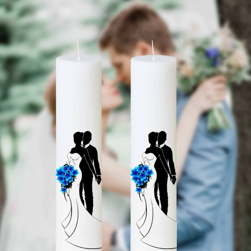 Set 2 Lumanari Nunta Mire si Mireasa cu buchet albastru 5,5 cm, 60 cm