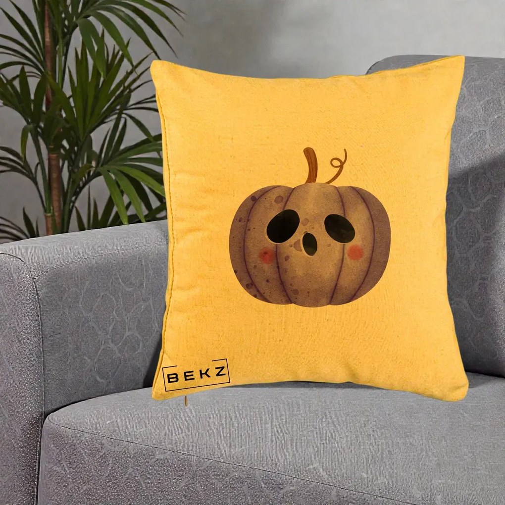Perna Decorativa Dovleac Halloween Mov Kawaii, 40x40 cm, Galben, Husa Detasabila, Perna Inclusa, BEKZ®