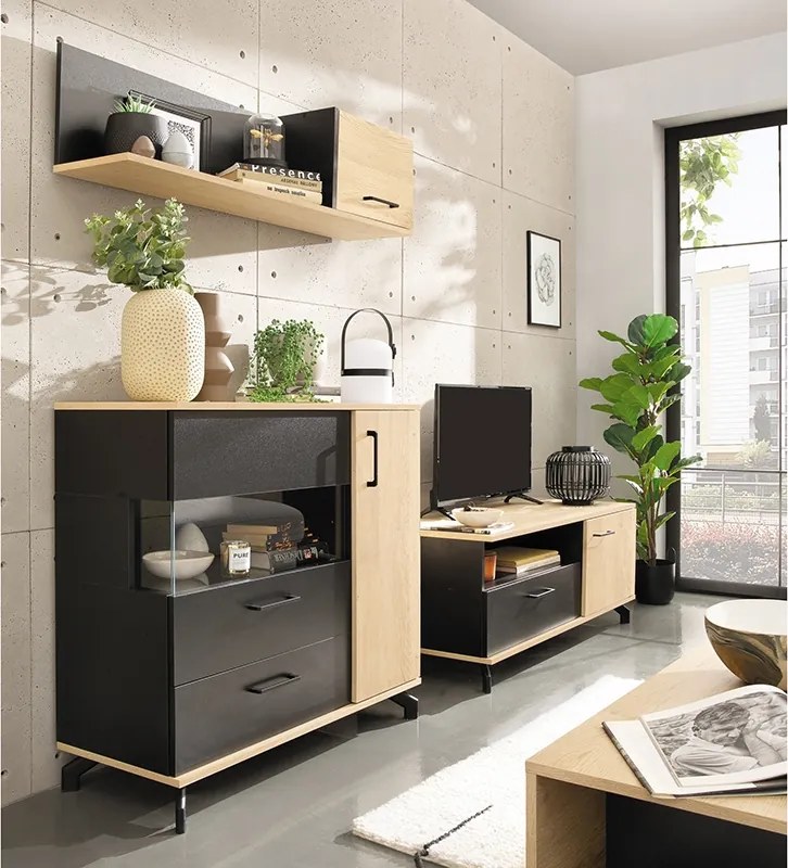Comodă Madison MD11 cu sertar 90 cm - negru / stejar biscuiți