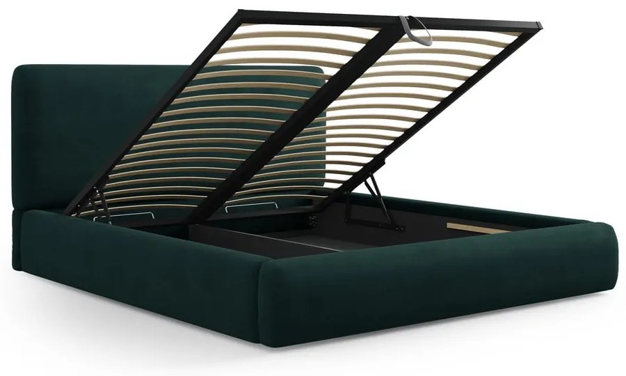 Pat matrimonial verde închis tapițat cu spațiu de depozitare cu somieră 140x200 cm Colonel – Cosmopolitan Design