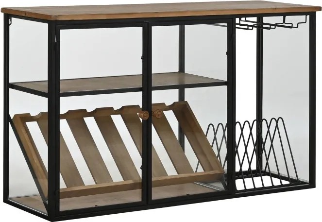 Suport pentru sticle din metal, lemn și sticlă, 102x32x60 cm, finisaj natural/negru