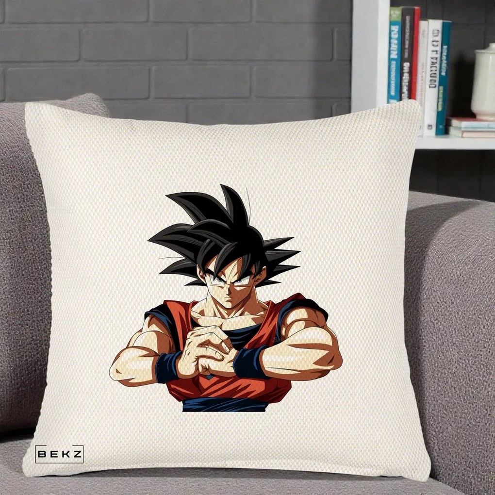 Perna Personalizata Dragon Ball Goku Portret Serios, 40x40 cm, Crem Reliefat, Husa Detasabila, Perna Inclusa, BEKZ®