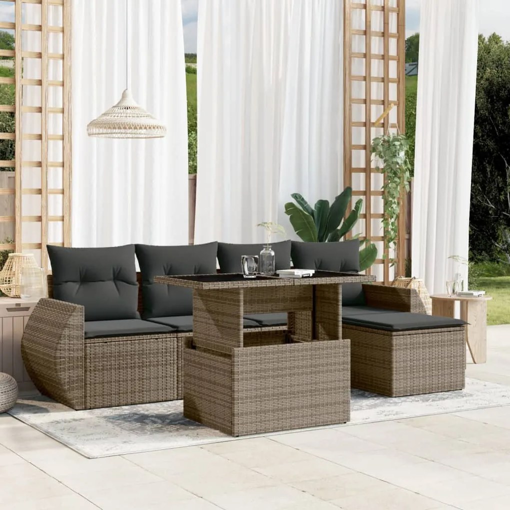 vidaXL Set mobilier grădină cu perne, 6 piese, gri, poliratan