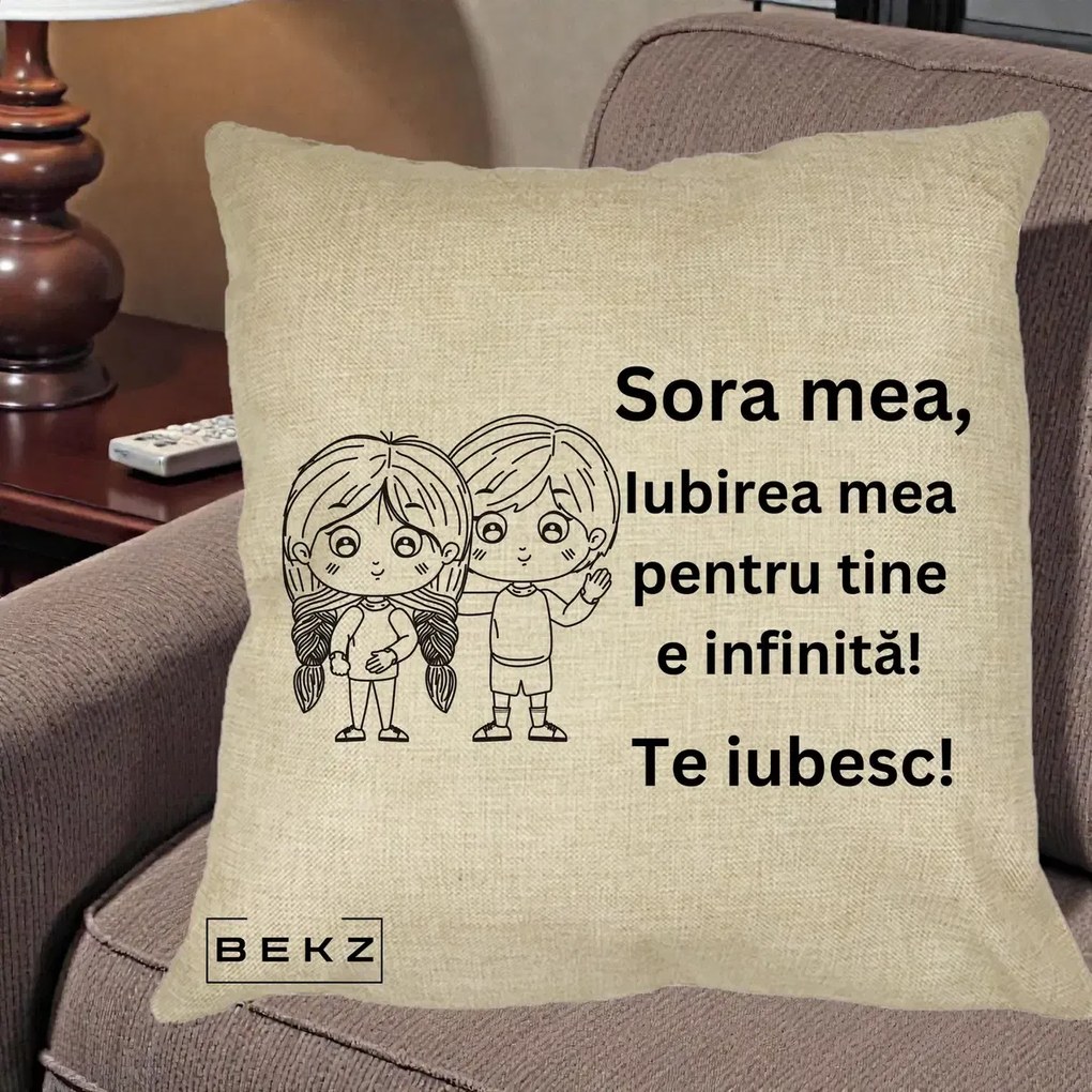 Cadou pentru Sora - Perna Personalizata Sora Mea Te Iubesc Copii Anime Line Art, 40x40 cm, Crem, Husa Detasabila, Perna Inclusa, BEKZ®