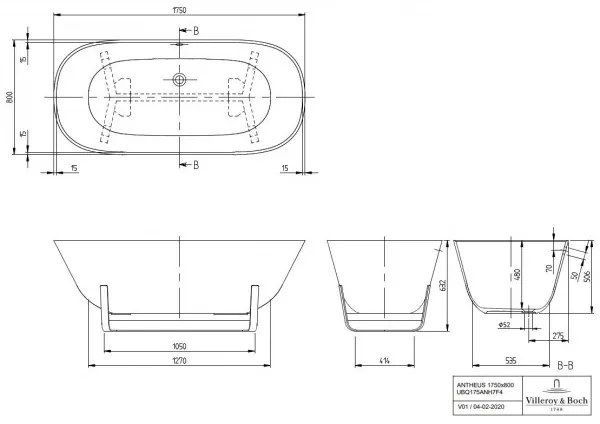 Cada free-standing, Villeroy&amp;Boch Antheus, compozit Quaryl, 175x80cm, Anthracite - Alb Alpin, UBQ175ANH7F4BCV-01