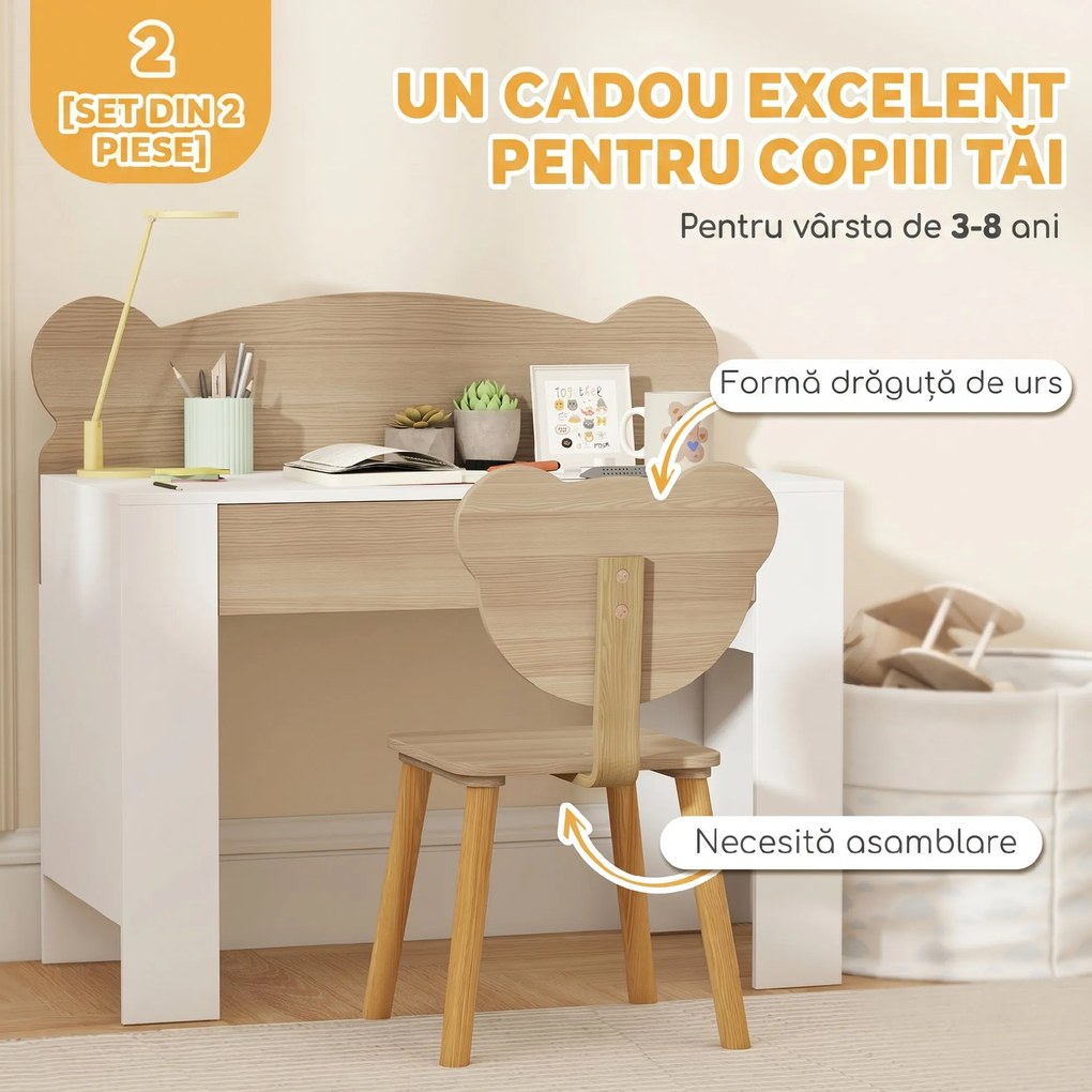 AIYAPLAY Set birou pentru copii cu sertar și scaun cu spătar ursuleț, 3-8 ani, culoare lemn | Aosom Romania